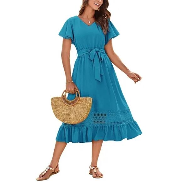 Grace Karin Eyelet Tie Waist Vneck Summer Flutter Sleeve Dress NWT Small - Picture 1 of 5